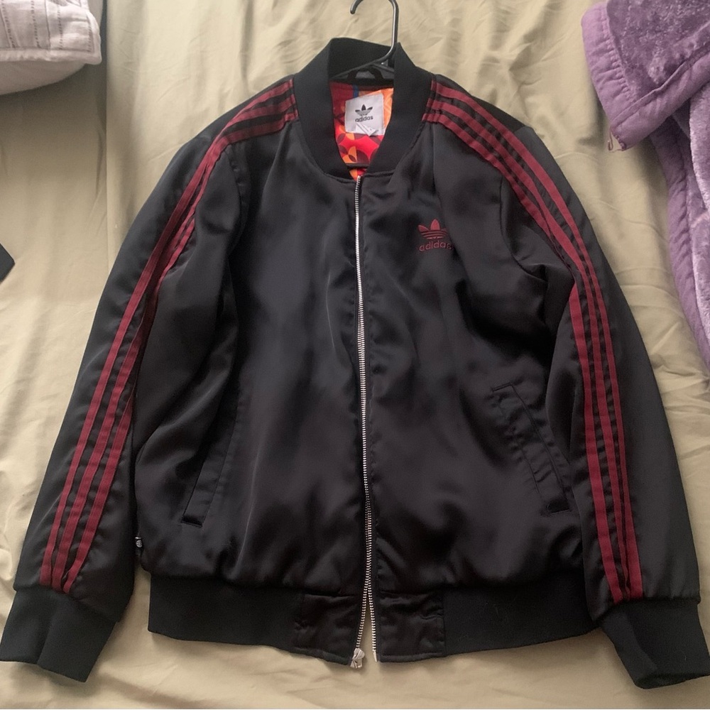 Adidas Men's Black and Burgundy Bomber Jacket